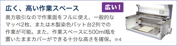 広く、高い作業スペース 奥方吸引なので作業面をフルに使え、一般的なマッペ2枚、または木製染色バット台2列での作業が可能。また、作業スペースに500ml瓶を置いたままカバーができる十分な高さを確保。※4