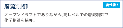 層流制御 オープンドラフトでありながら､高レベルでの層流制御で化学物質を捕集。